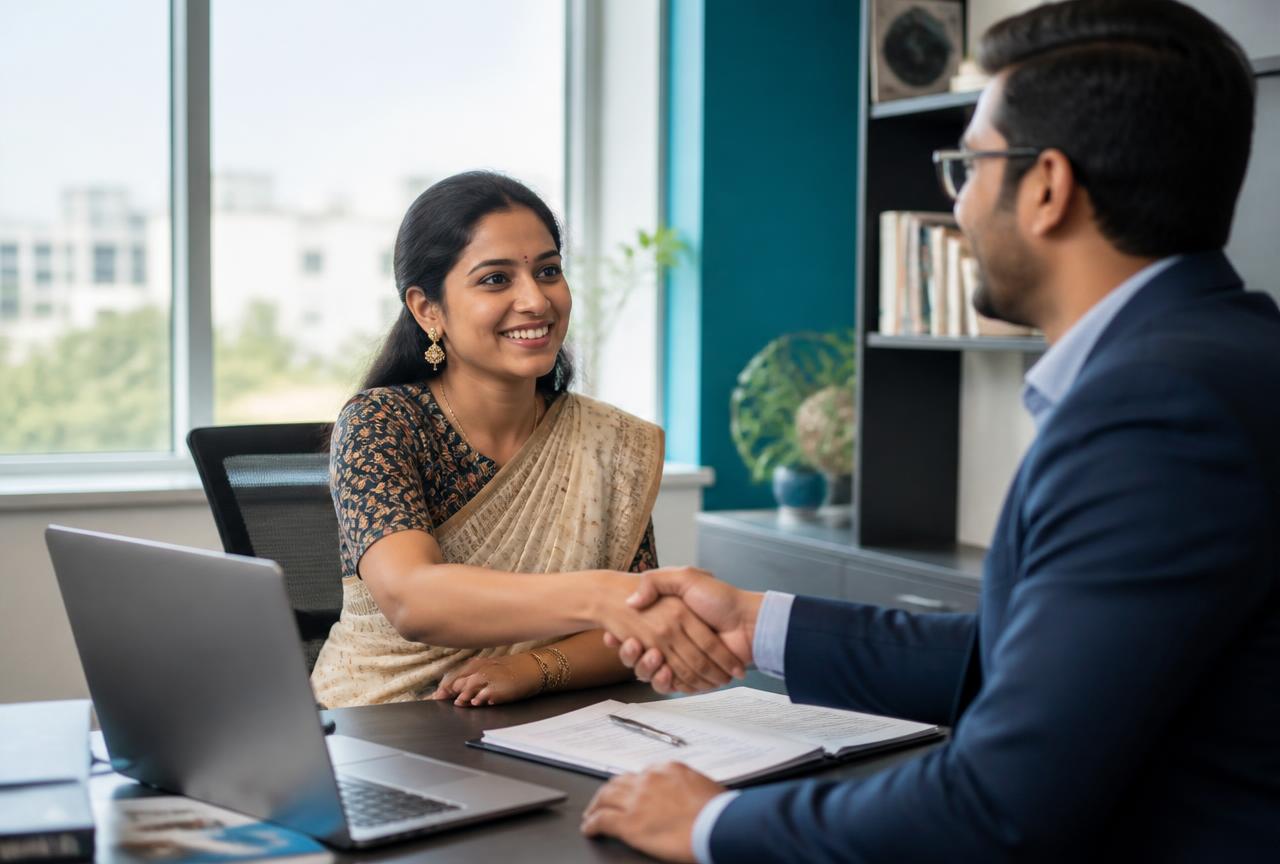 Namuwala advisor shaking hands with a happy business owner in the Ahmedabad office