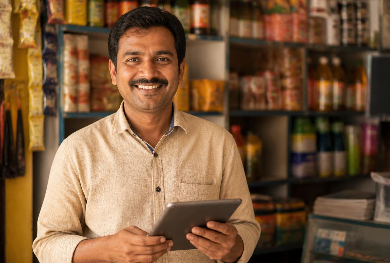 Smiling retail shop owner managing his compliance on a tablet